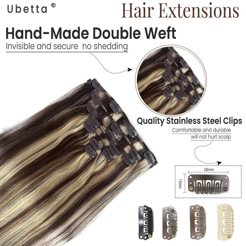 Ubetta Clip in Hair Extensions Real Human Hair, Chocolate Brown and Blonde Highlights Real Hair Extensions Clip in Human Hair 22 Inch 7 Pieces Double Weft Remy Human Hair Clip ins Extensions 70G for Women - Image 5